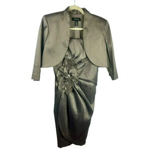 NEW R & M Richards 2 Piece Jacket Dress Women 10 Taupe Gold Flower Bead Event